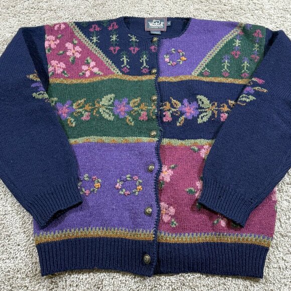 Vintage Woolrich Floral Colorblock Wool Sweater Grandma Cottagecore Cozy Old S - Picture 1 of 9